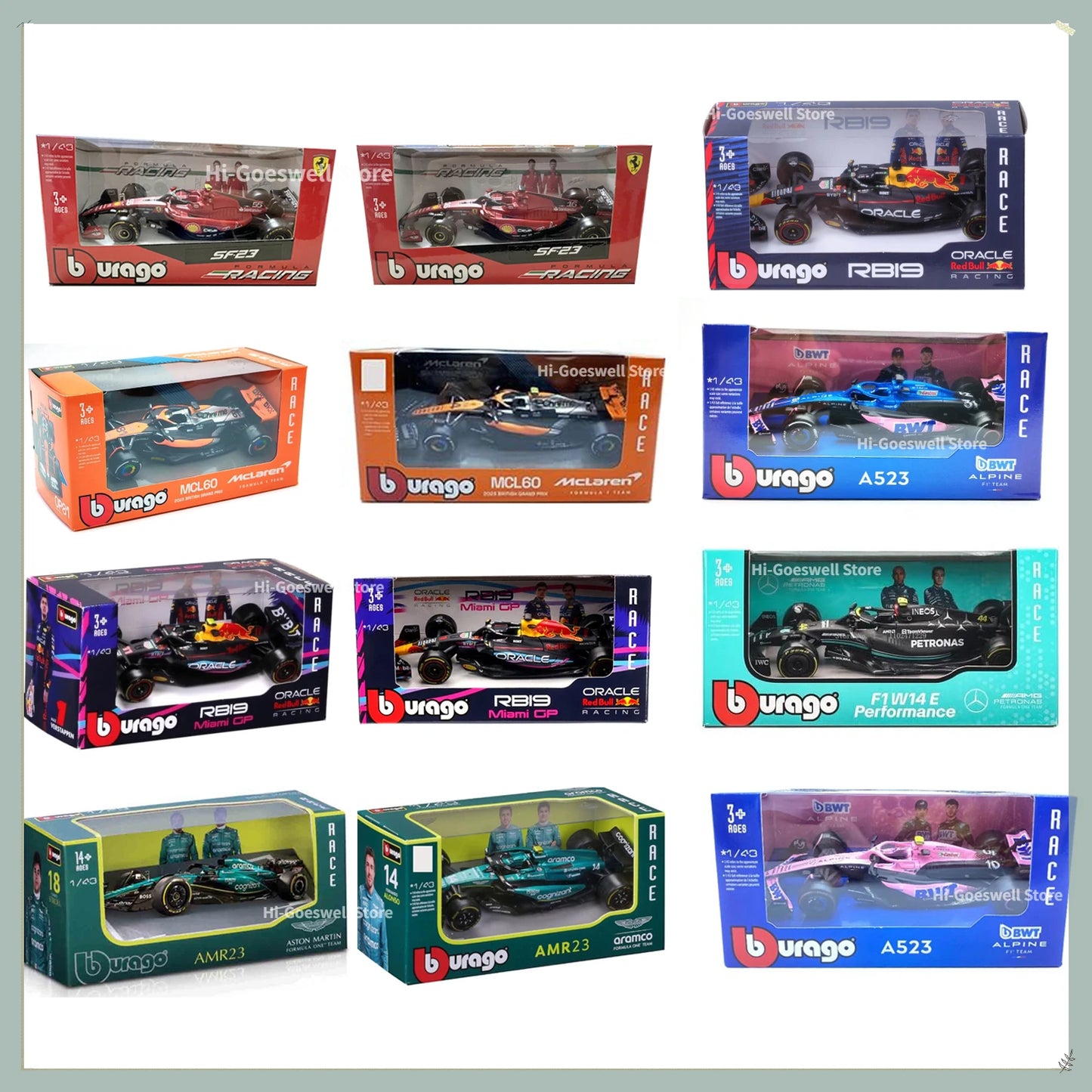 F1 COLLECTION  1:43 Aston Martin AMR23 Mercedes W14 Red Bull RB19 Miami GP Ferrari SF23 Alpine A523 F1 Model Formula Car Static Racing